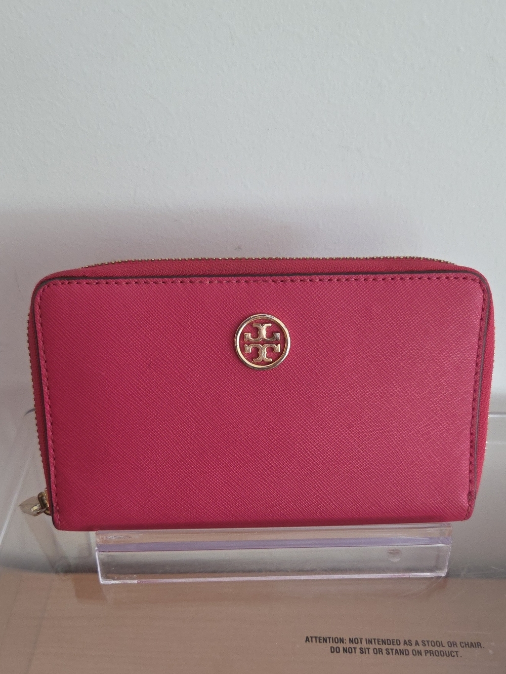 Tory Burch Pink Saffiano Zip Wallet with Gold Logo, GUC